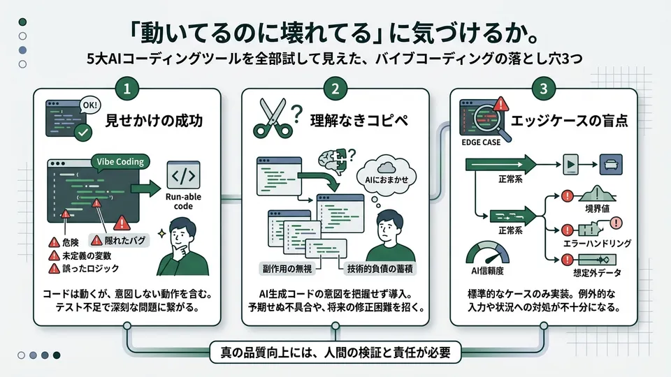 「動いてるのに壊れてる」に気づけるか。5大AIコーディングツールを全部試して見えた、バイブコーディングの落とし穴3つ