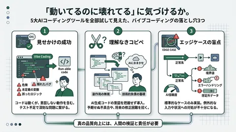 「動いてるのに壊れてる」に気づけるか。5大AIコーディングツールを全部試して見えた、バイブコーディングの落とし穴3つ