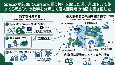 SpaceXが$60BでCursorを買う権利を取った週、月20ドルで使ってる私が3つの数字を分解して個人開発者の地図を書き直した
