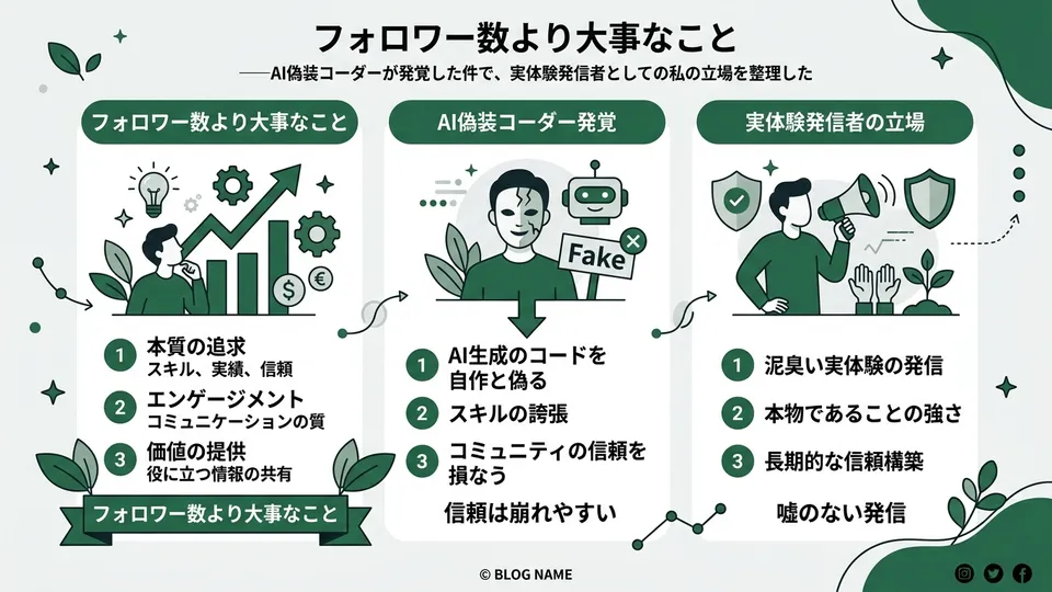 フォロワー数より大事なこと——AI偽装コーダーが発覚した件で、実体験発信者としての私の立場を整理した