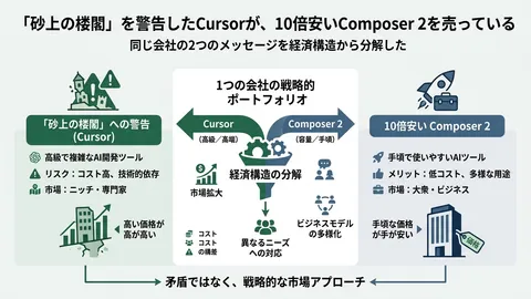 「砂上の楼閣」を警告したCursorが、10倍安いComposer 2を売っている。同じ会社の2つのメッセージを経済構造から分解した