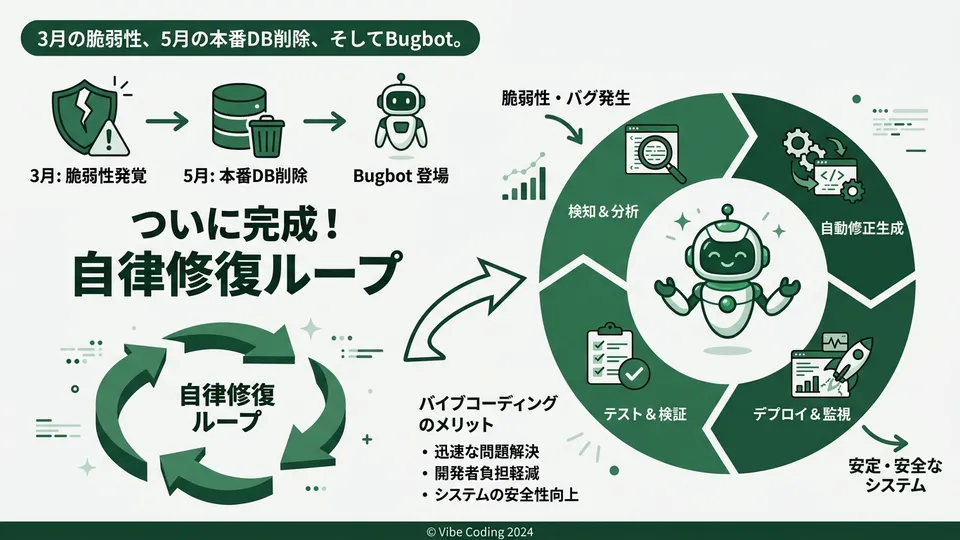 3月の脆弱性、5月の本番DB削除、そしてBugbot。バイブコーディングの「自律修復ループ」が、ついに完成した