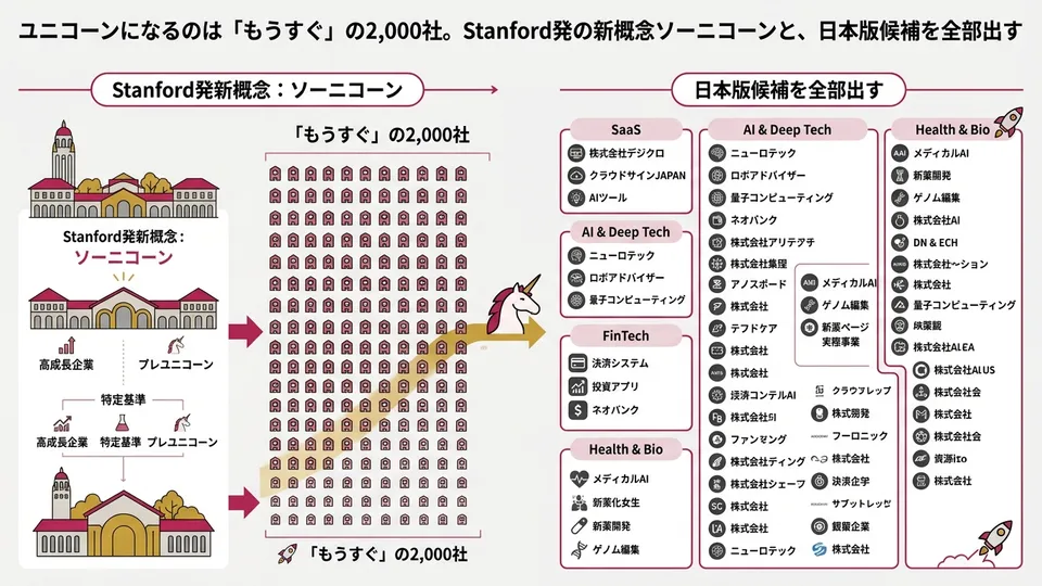 ユニコーンになるのは「もうすぐ」の2,000社。Stanford発の新概念ソーニコーンと、日本版候補を全部出す