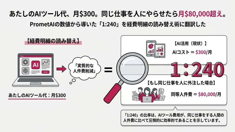 あたしのAIツール代、月$300。同じ仕事を人にやらせたら月$80,000超え。PrometAIの数値から導いた「1:240」を経費明細の読み替え術に翻訳した