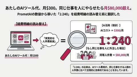 あたしのAIツール代、月$300。同じ仕事を人にやらせたら月$80,000超え。PrometAIの数値から導いた「1:240」を経費明細の読み替え術に翻訳した
