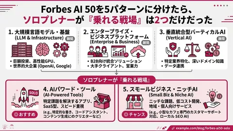 Forbes AI 50を5パターンに分けたら、ソロプレナーが『乗れる戦場』は2つだけだった