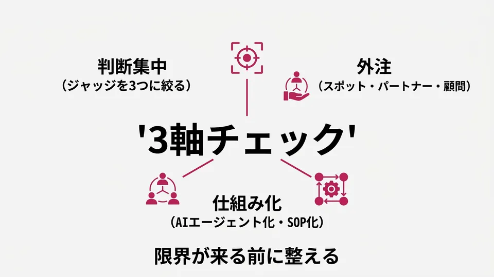 「ひとり起業の限界」が来る前にやる3軸チェック。判断・外注・仕組み化