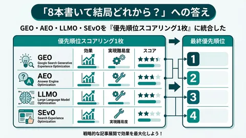 「8本書いて結局どれから？」への答え。GEO・AEO・LLMO・SEvOを『優先順位スコアリング1枚』に統合した
