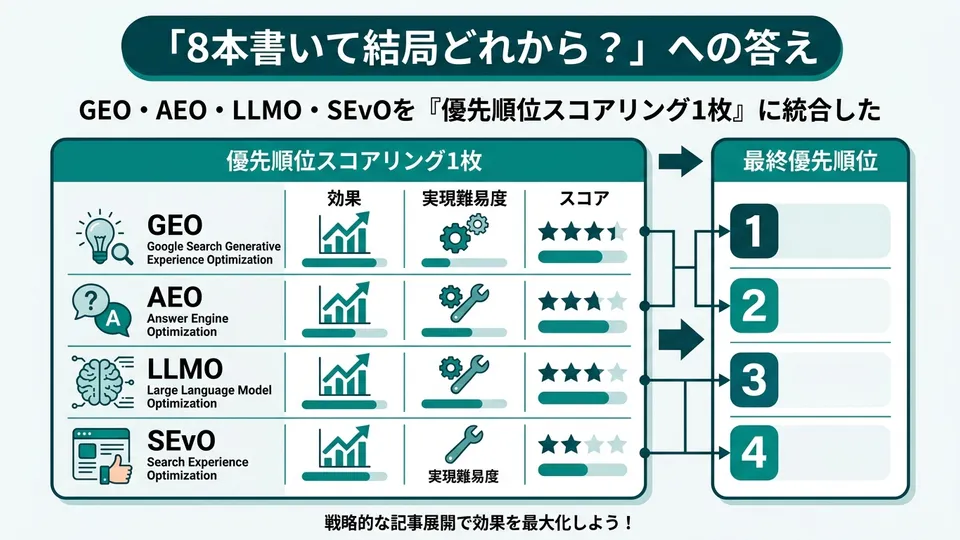 「8本書いて結局どれから？」への答え。GEO・AEO・LLMO・SEvOを『優先順位スコアリング1枚』に統合した