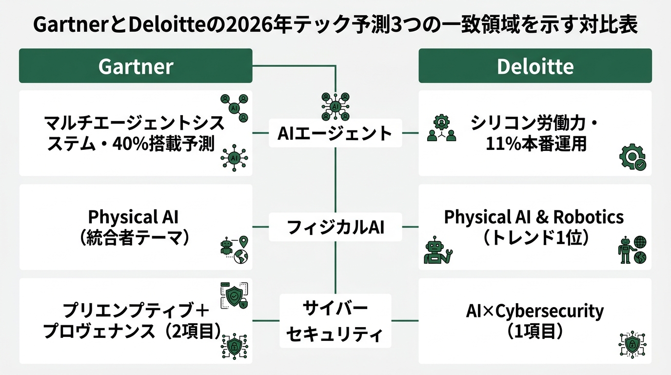 GartnerとDeloitteの2026年テック予測3つの一致領域を示す対比表。左列「Gartner」右列「Deloitte」、中央に3つの一致行: 行1「A