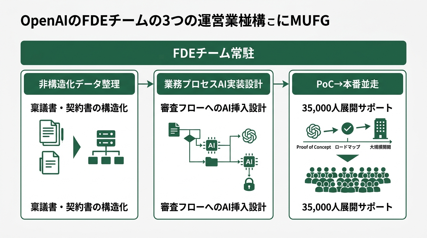OpenAIのFDEチームがMUFGに常駐して行う3業務の構造図。左から「非構造化データ整理」「業務プロセスAI実装設計」「PoC→本番並走」の3つのボックスが
