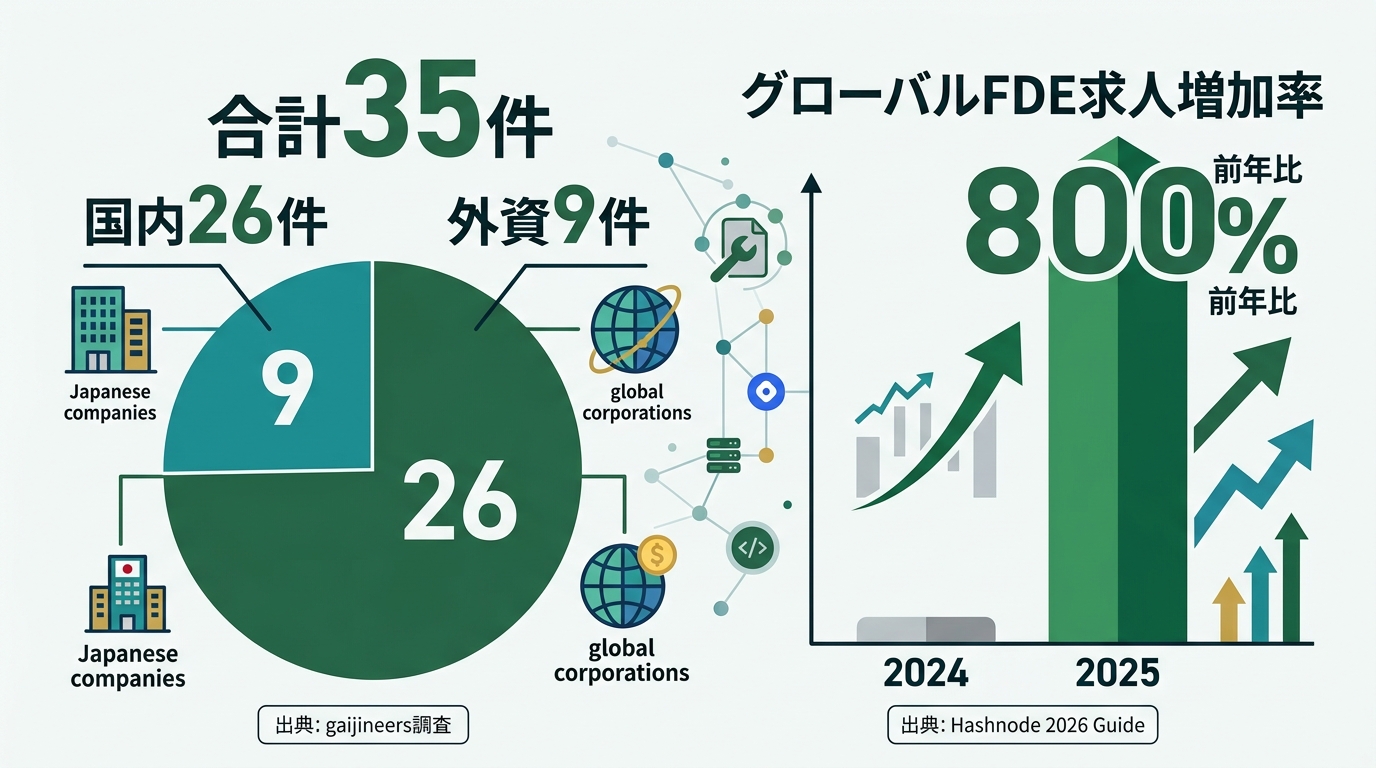 日本のFDE求人市場の現状を示すデータグラフィック。左側に「国内26件・外資9件=合計35件」の円グラフ(出典: gaijineers調査)。右側に「グローバル