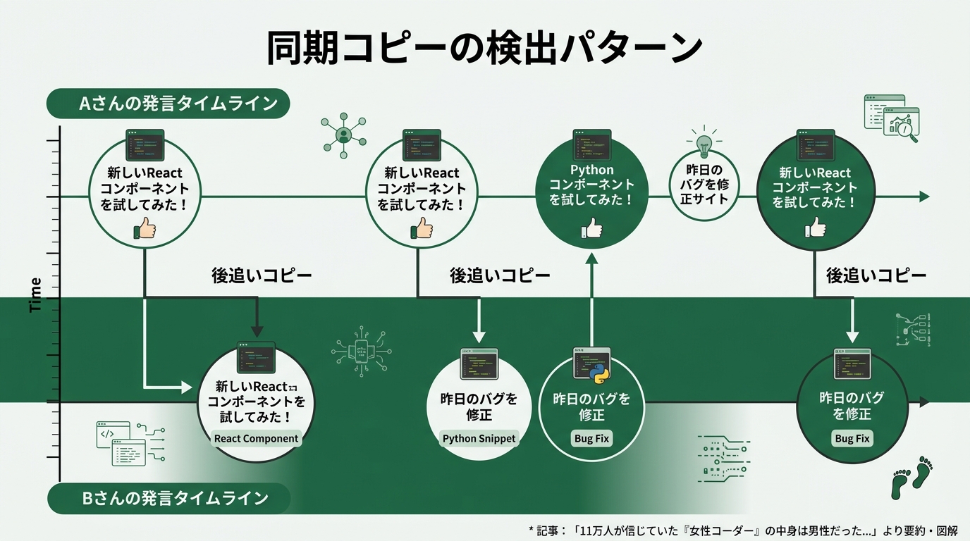 「Aさんの発言タイムライン」と「Bさんの発言タイムライン」を上下に並べ、時系列軸を共有する図。両タイムラインを縦線で繋ぐ箇所が3つあり、片方が必ず後追いコピーに