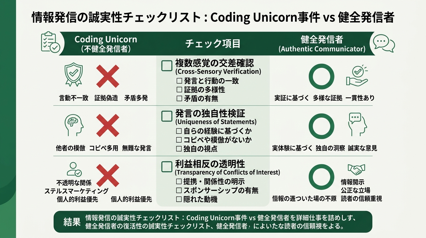 3つのチェック項目(複数感覚の交差確認・発言の独自性検証・利益相反の透明性)を1枚にまとめたチェックリスト風の図。各項目に四角いチェックボックスとラベル、右側に
