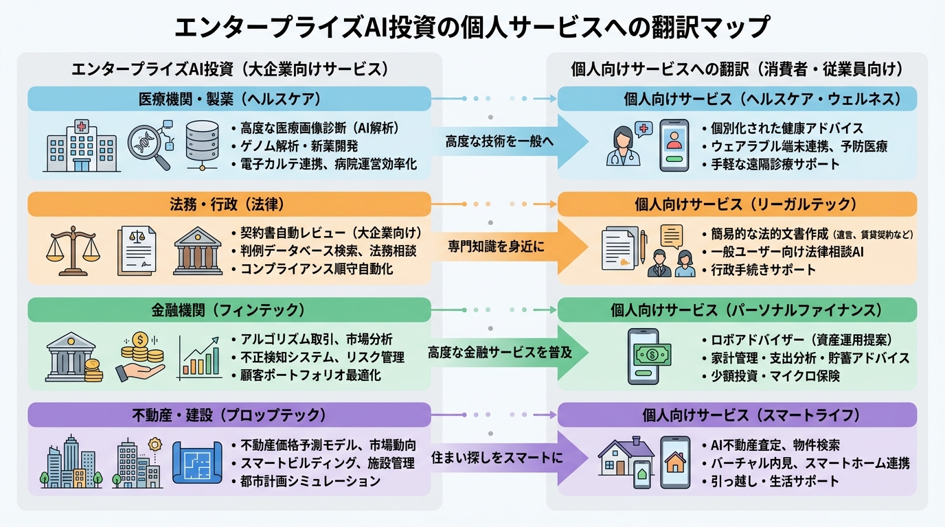 エンタープライズAI投資の業種別マップ。ヘルスケア・法律・金融・不動産の4領域を個人サービスに翻訳する矢印付き図解
