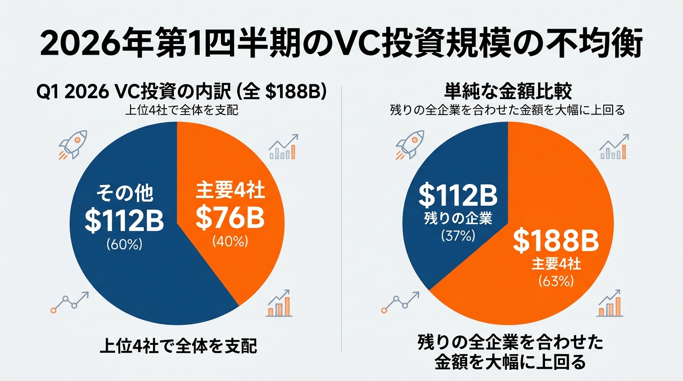 Q1 2026 VC投資の内訳。4社で$188B vs 残り$112Bの比較円グラフ