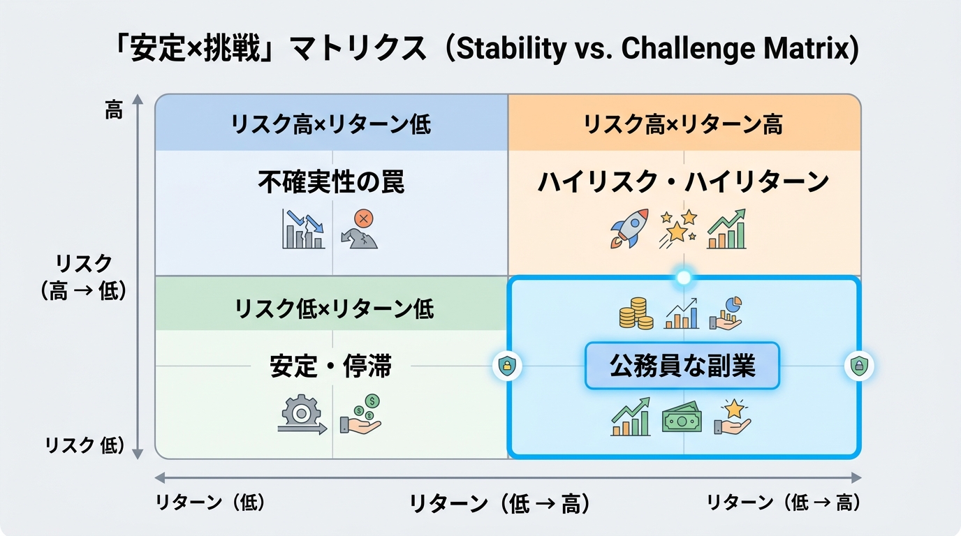 「安定×挑戦」のマトリクス。縦軸: リスク（高→低）、横軸: リターン（低→高）。公務員副業は「低リスク×中リターン」の位置