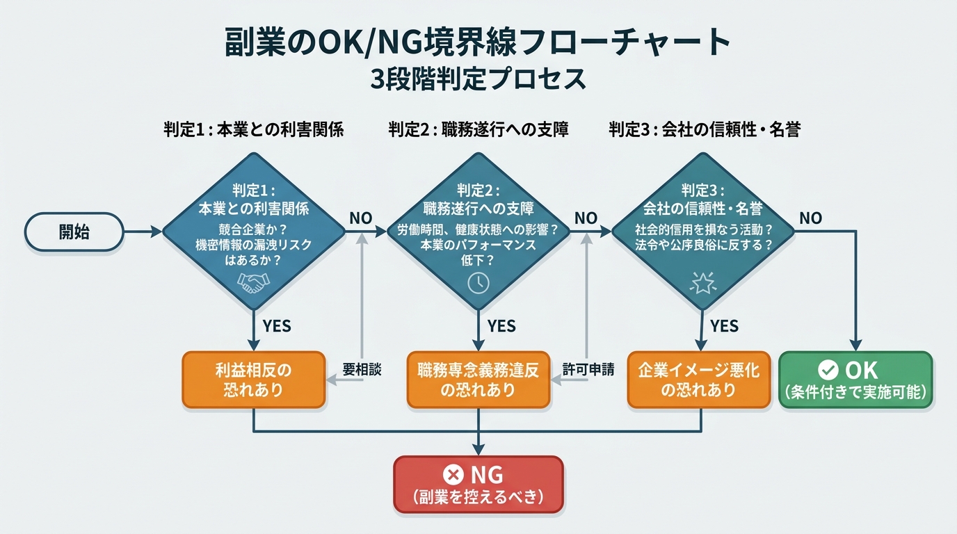 副業のOK/NG境界線フローチャート。「利害関係あり？」→「職務に支障？」→「信頼性を損なう？」の3段階判定