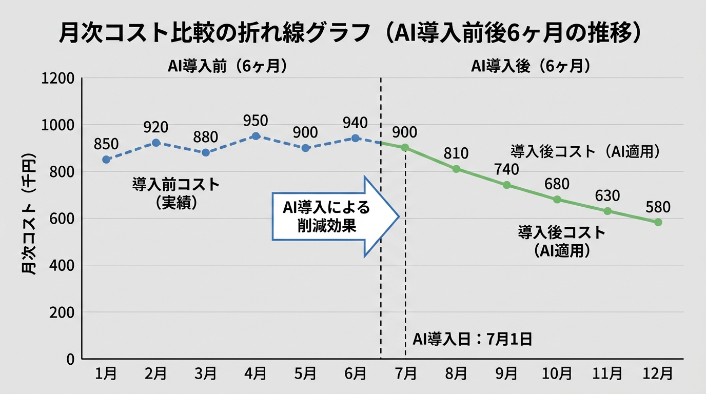 月次コスト比較の折れ線グラフ（AI導入前後6ヶ月の推移）