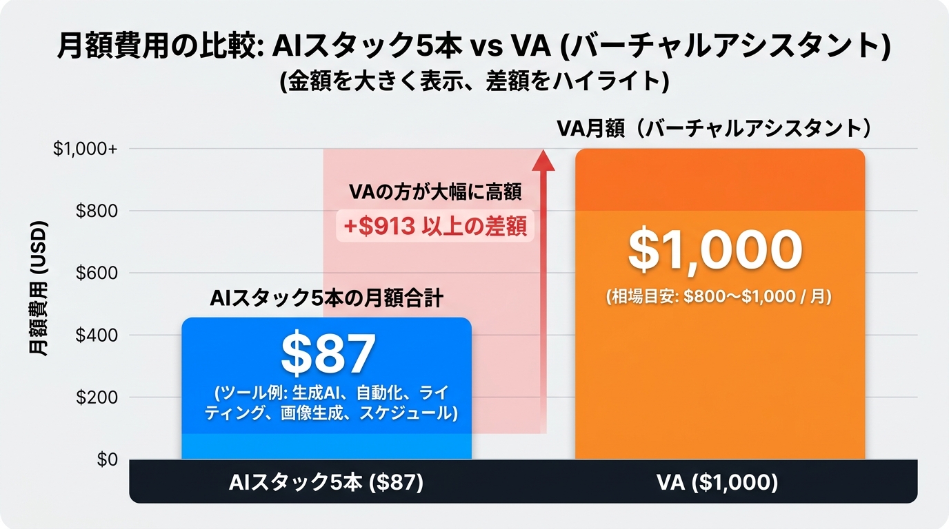 AIスタック5本の月額合計$87 vs VA月額$800〜1,000の棒グラフ比較