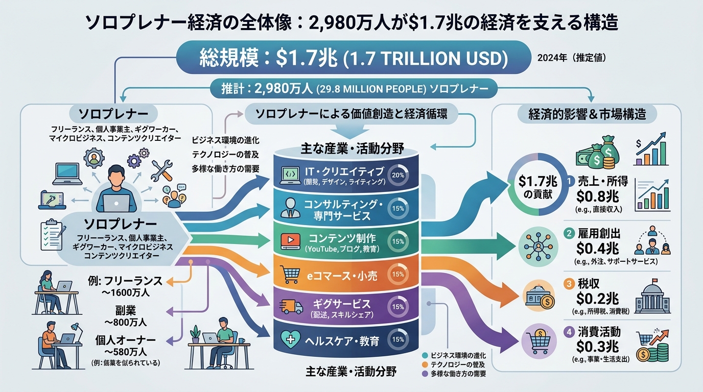 ソロプレナー経済の全体像。2,980万人が$1.7兆の経済を支えている構造図