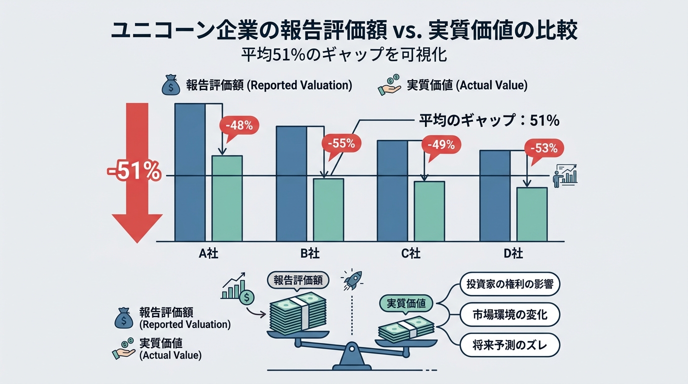 ユニコーンの報告評価額vs実質価値の比較。平均51%のギャップを可視化