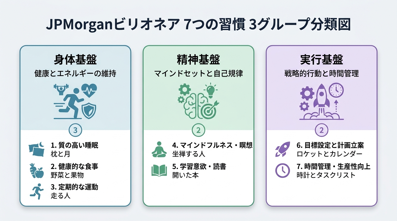 JPMorganビリオネア7習慣の3グループ分類図（身体基盤・精神基盤・実行基盤）