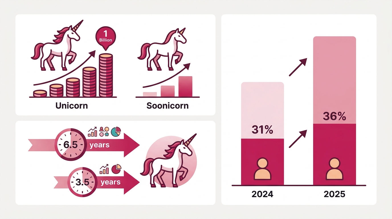 ユニコーンとSoonicornの定義、到達期間6.5年→3.5年への短縮、ソロ創業者比率31%（2024年）→36%（2025年）への上昇を一覧化した図解