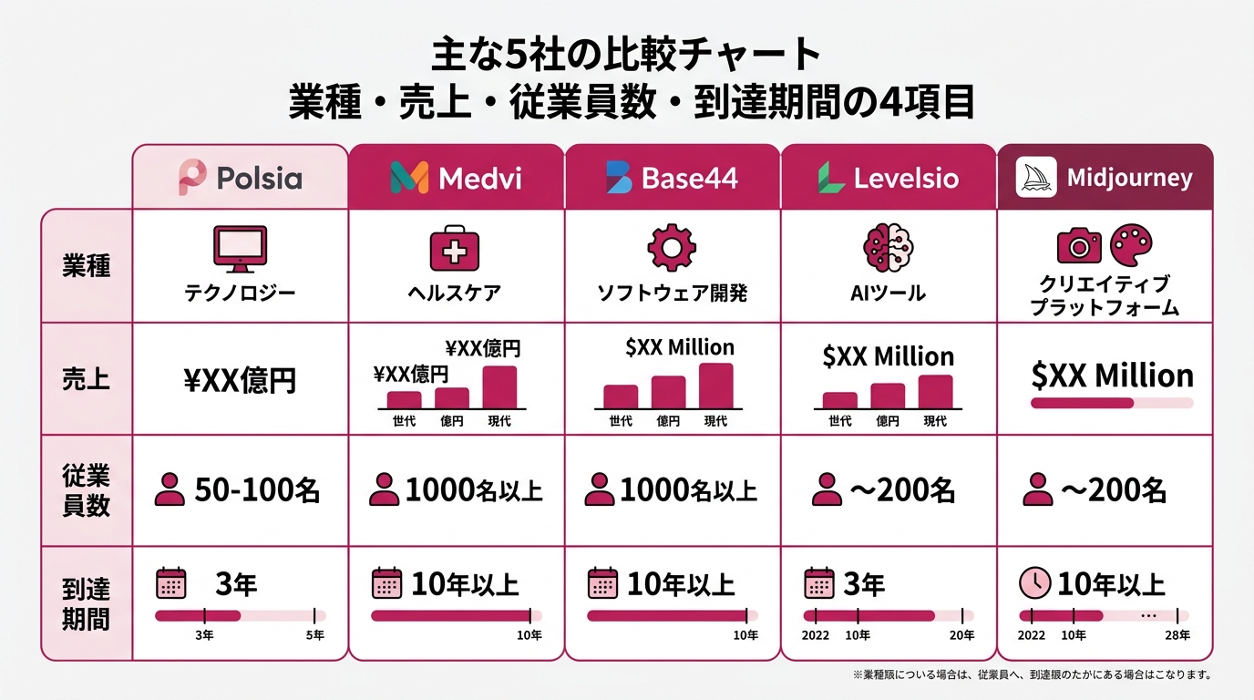 Polsia/Medvi/Base44/Levelsio/Midjourney の5社を、業種・売上・従業員数・到達期間の4項目で横並びに比較する表