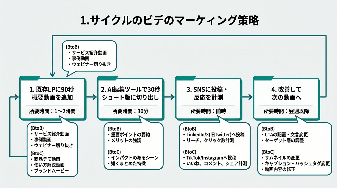 動画施策の最初の1サイクルを示すフロー図。左から「既存LPに90秒概要動画を追加」→「AI編集ツールで30秒ショート版に切り出し」→「SNSに投稿・反応を計測」→「改善して次の動画へ」の4ステップを横並びに配置。各ステップの下に「所要時間: 1〜2時間」「同: 30分」「同: 随時」「同: 翌週以降」のラベル。BtoB / BtoCそれぞれの動画コンテンツ例を各ステップの吹き出しに記載。白背景(#F5F5F5)にディープシアン(#0a8f7f)基調