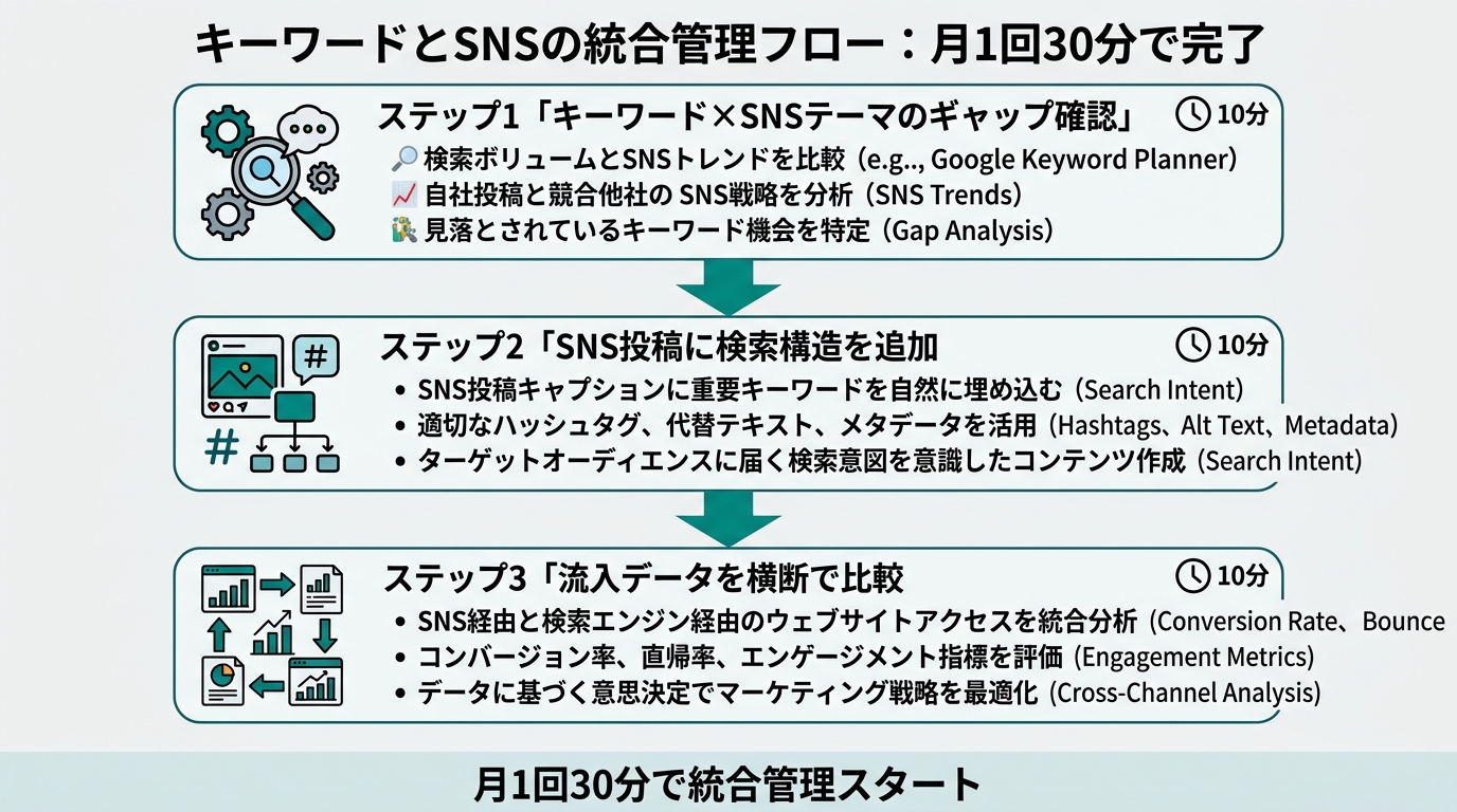 3ステップのフロー図。ステップ1「キーワード×SNSテーマのギャップ確認」→ステップ2「SNS投稿に検索構造を追加」→ステップ3「流入データを横断で比較」。各ス