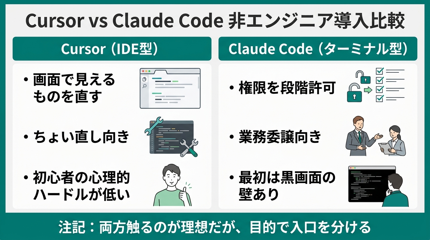 「Cursor vs Claude Code 非エンジニア導入比較」2カラム比較図。左カラム「Cursor」（IDE型・画面で見えるものを直す・ちょい直し向き・