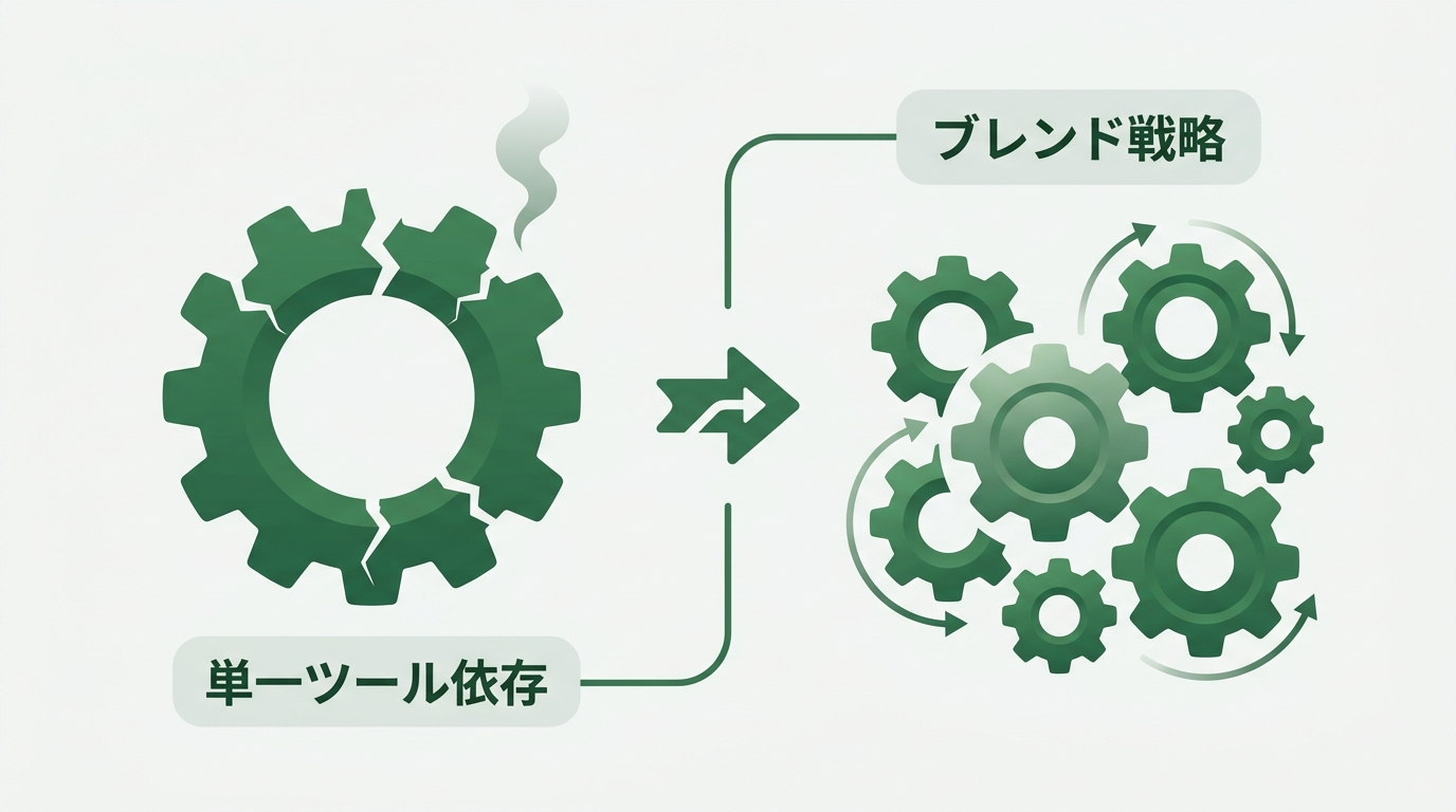 CLAUDE.mdとAGENTS.mdの関係図。2ファイルがClaude Code・Cursor・Windsurfの各ツールに読み込まれる様子を矢印で表現