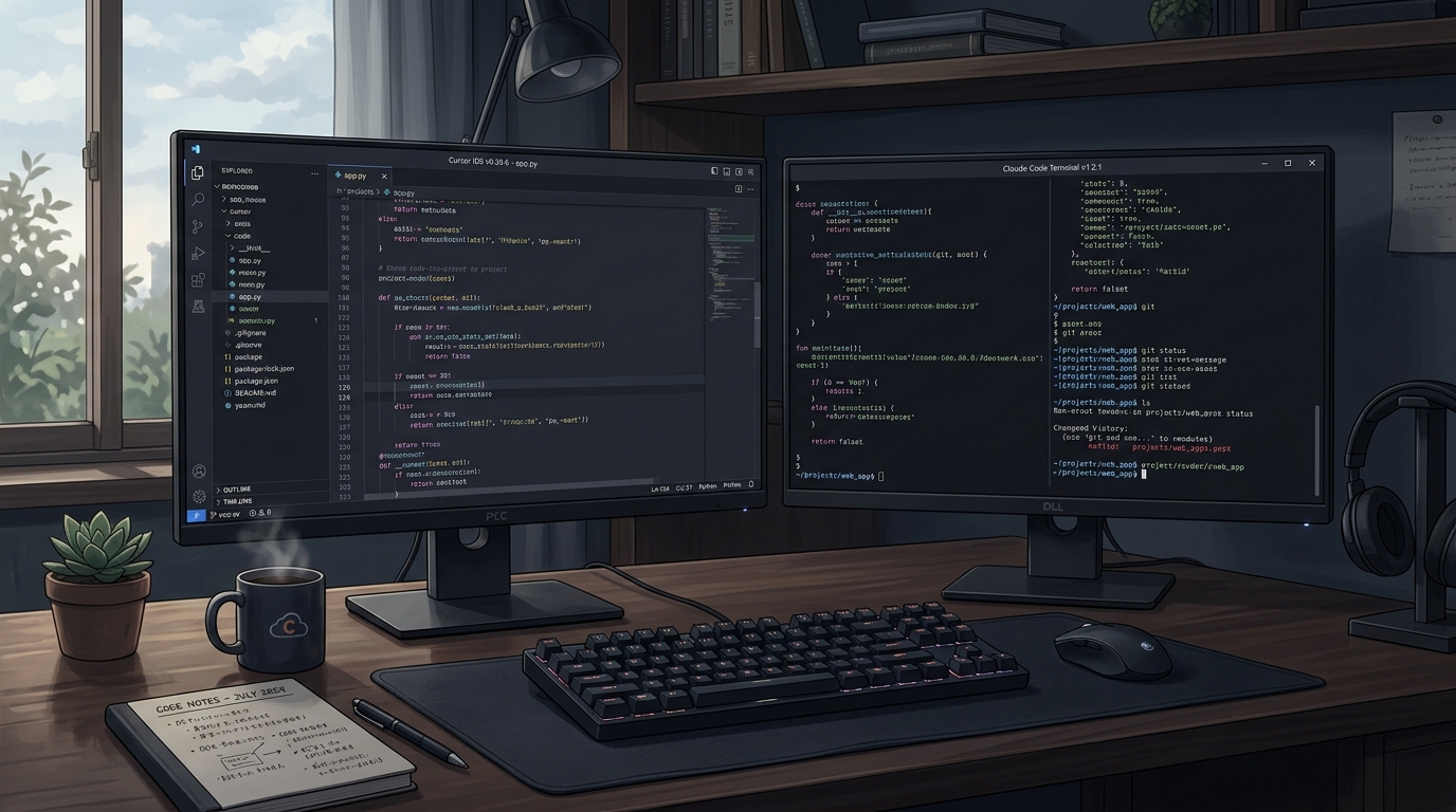 Editor AI(Cursor)とExecution AI(Claude Code)の役割分担を示す図解。左側にIDEインターフェース、右側にターミナル。矢印でタスクの種類別に振り分けを表示