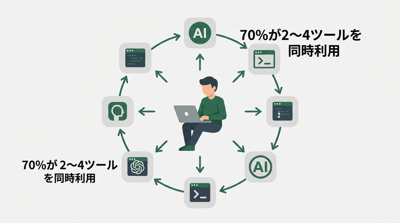906人調査の主要数値をインフォグラフィックで表示。Claude Code 46%、Cursor 19%、AI週次利用率95%のデータを視覚化