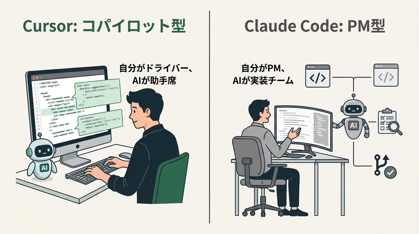 企業規模とAIコーディングツール選択の関係を表す比較図。スタートアップ→Claude Code、大企業→Copilotの分布をビジュアル化