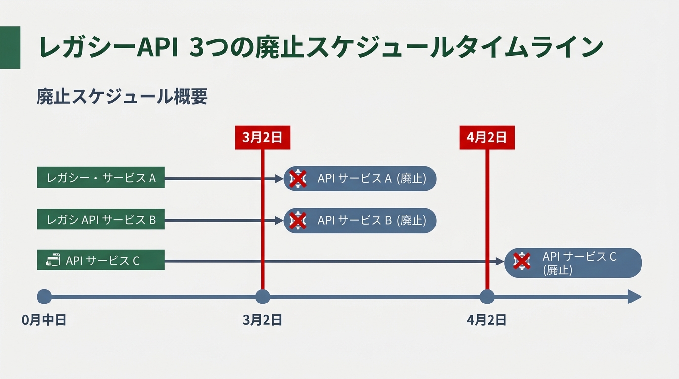 レガシーAPI 3つの廃止スケジュールタイムライン。3月2日で2つ消え、4月2日で最後の1つが消える