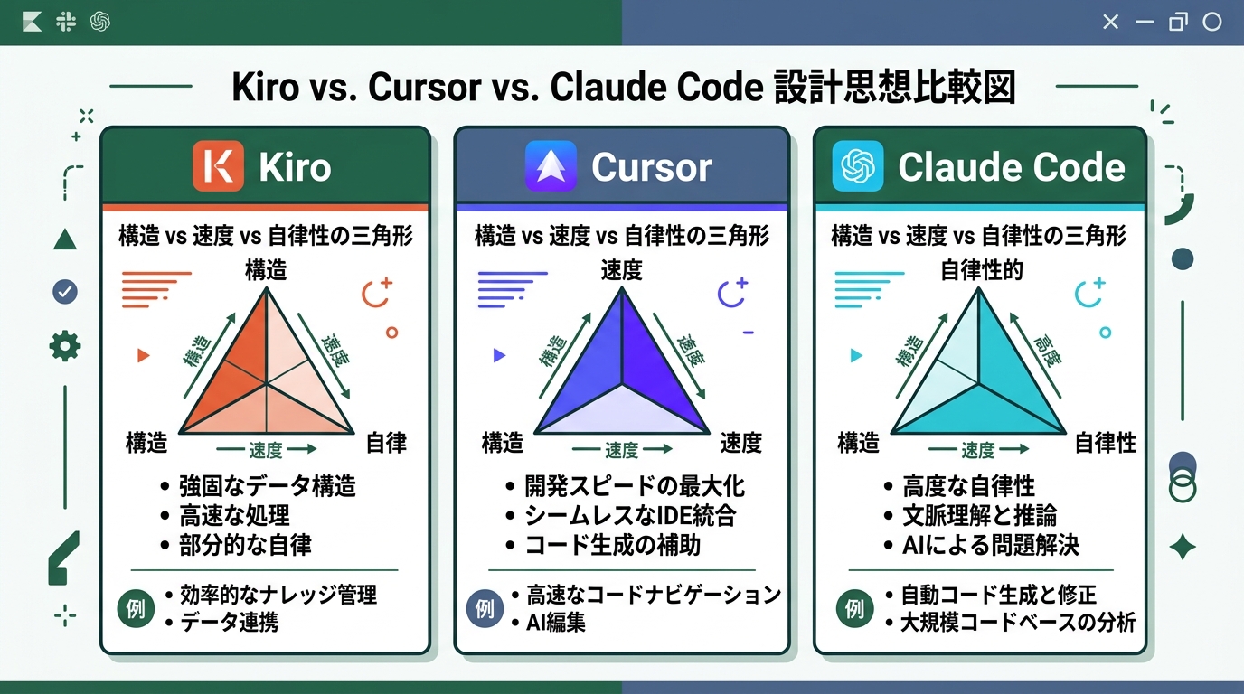 Kiro・Cursor・Claude Codeの設計思想比較図。構造 vs 速度 vs 自律性の三角形