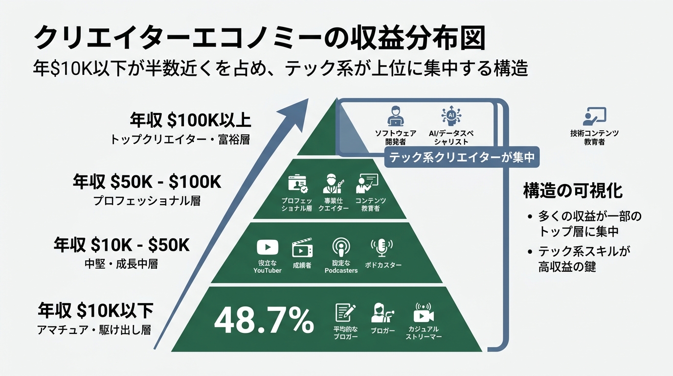 クリエイターエコノミーの収益分布図。48.7%が年$10K以下、テック系クリエイターが上位に集中している構造を可視化