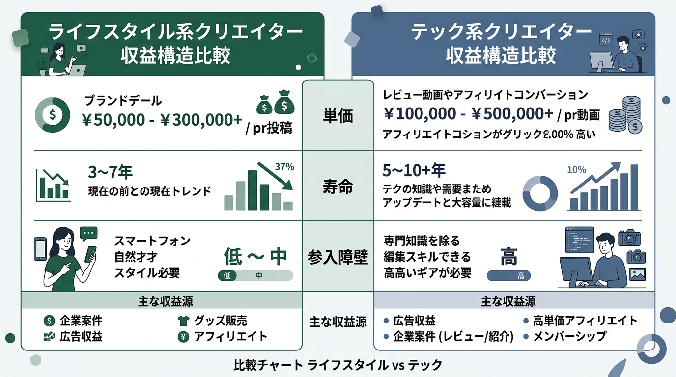 ライフスタイル系クリエイター vs テック系クリエイターの収益構造比較。単価・寿命・参入障壁の3軸で対比
