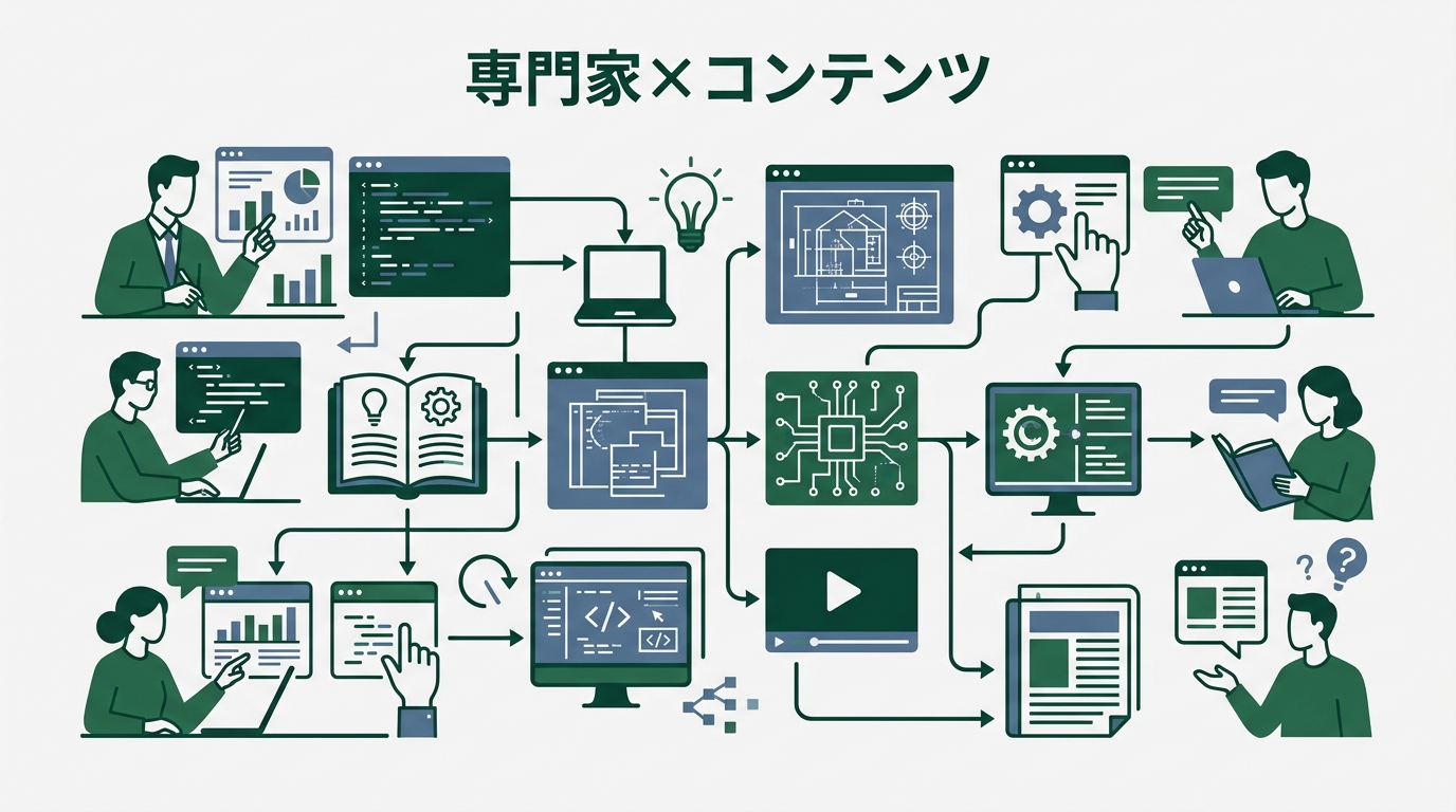 エンジニア向け「専門家×コンテンツ」初動設計フロー。プラットフォーム選択→初投稿→継続の3ステップ