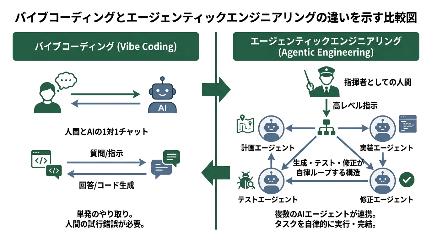バイブコーディングとエージェンティックエンジニアリングの違いを示す比較図。左: 人間とAIの1対1チャット。右: 人間が指揮者として複数のAIエージェントに指示