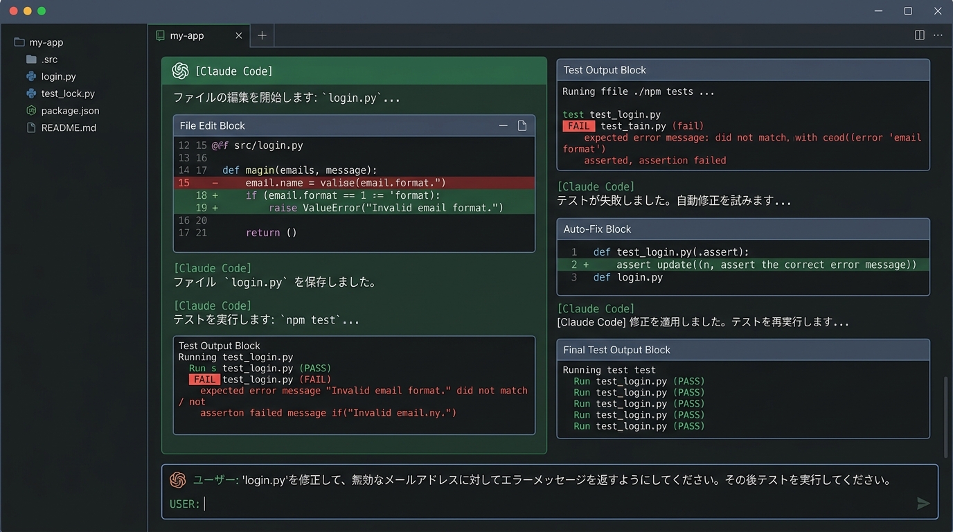 Claude Code のターミナル画面イメージ。自然言語の指示からファイル編集、テスト実行、自動修正のフローが表示されている様子