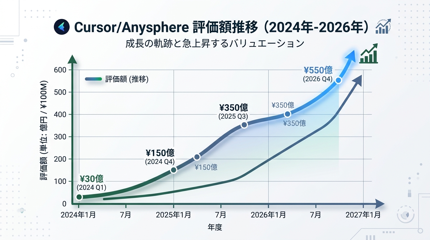 Cursor/Anysphereの評価額推移を示すグラフ。2024年から2026年にかけて急上昇するカーブ
