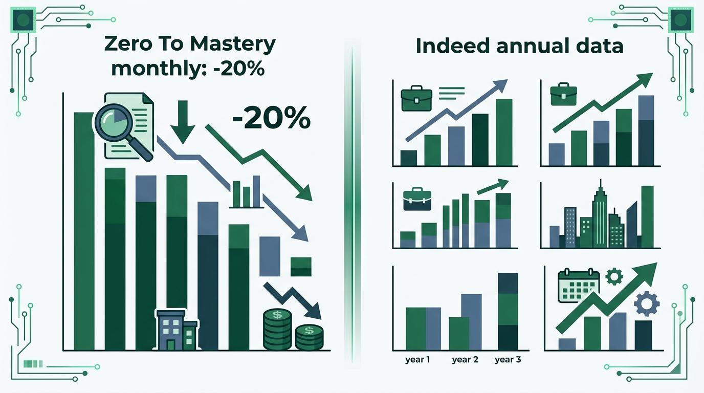 Zero To Masteryの月次レポートとIndeed年次データを並べた比較グラフ。左が「月次: -20%」右が「年次: +11%」