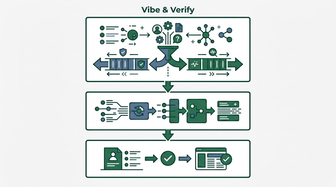 Vibe & Verifyの3ステップを縦に並べたフロー図。Step1「セッション分離」→Step2「意図の言語化」→Step3「破壊テスト生成」。各ステップに