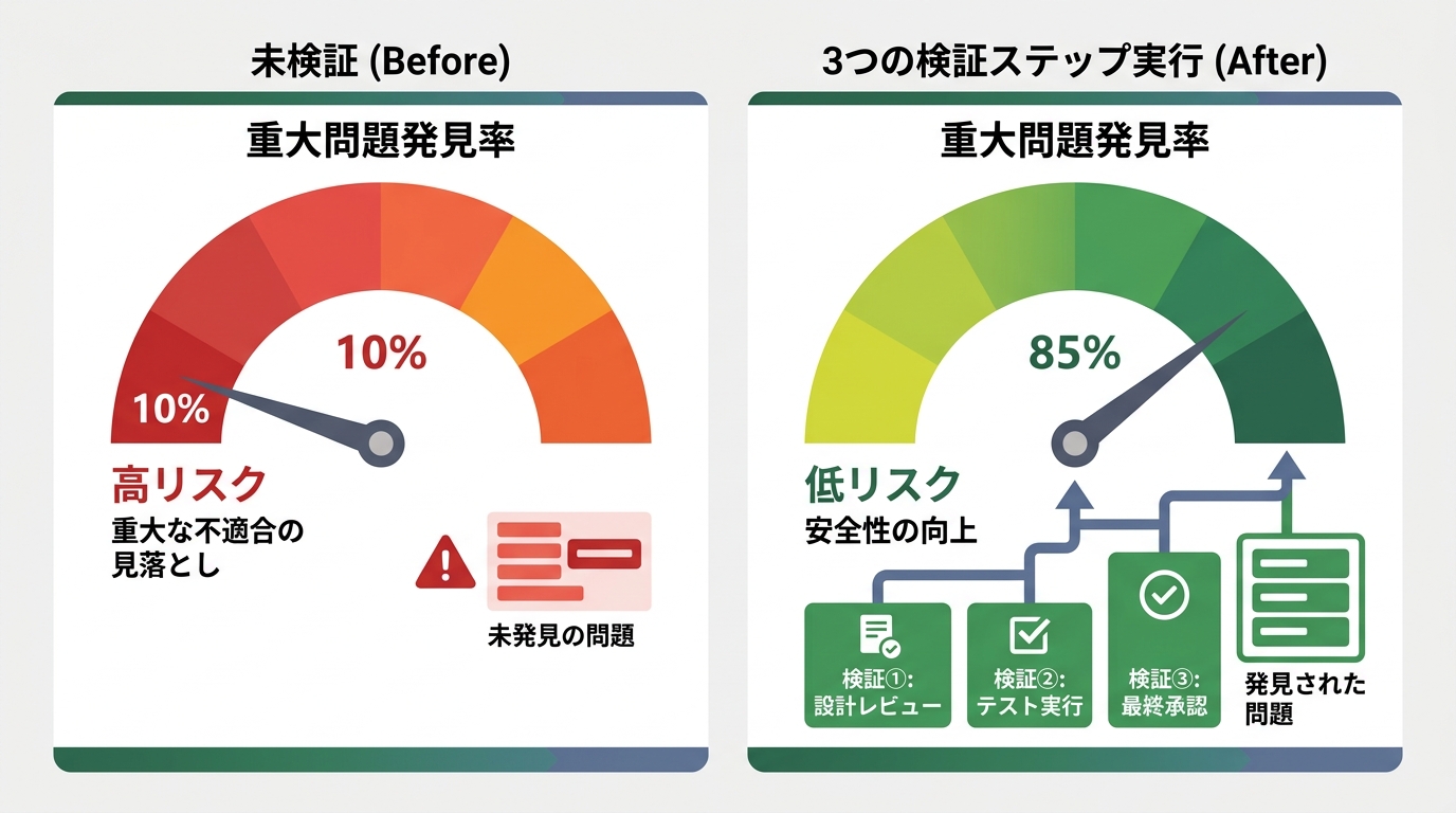 3つの検証ステップを実行した場合と未検証の場合の、重大問題発見率の比較イメージ。未検証は赤ゾーン、検証済みは緑ゾーン