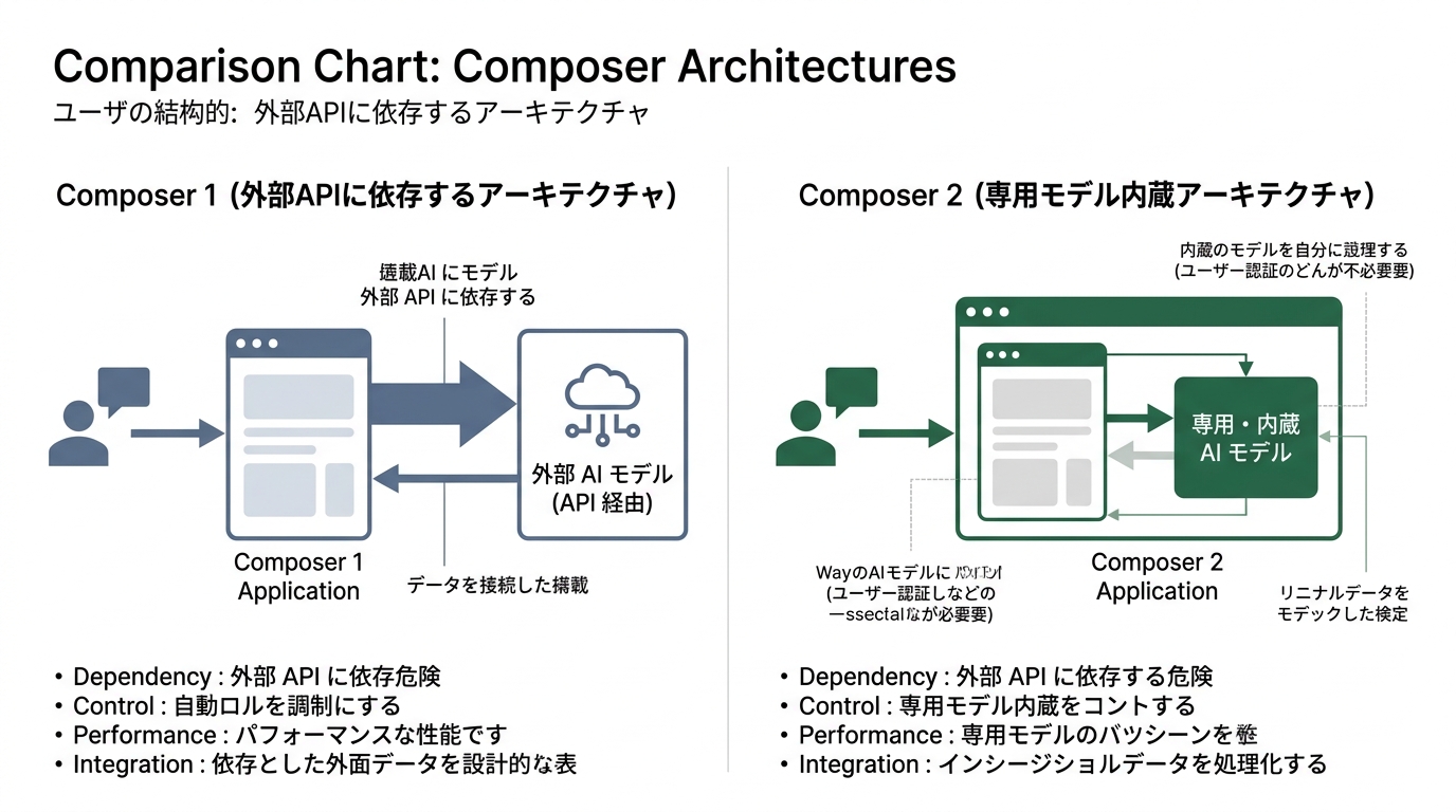 Composer 1（外部APIに依存するアーキテクチャ）とComposer 2（専用モデル内蔵アーキテクチャ）の比較図。矢印の方向と太さで依存関係の変化を視覚