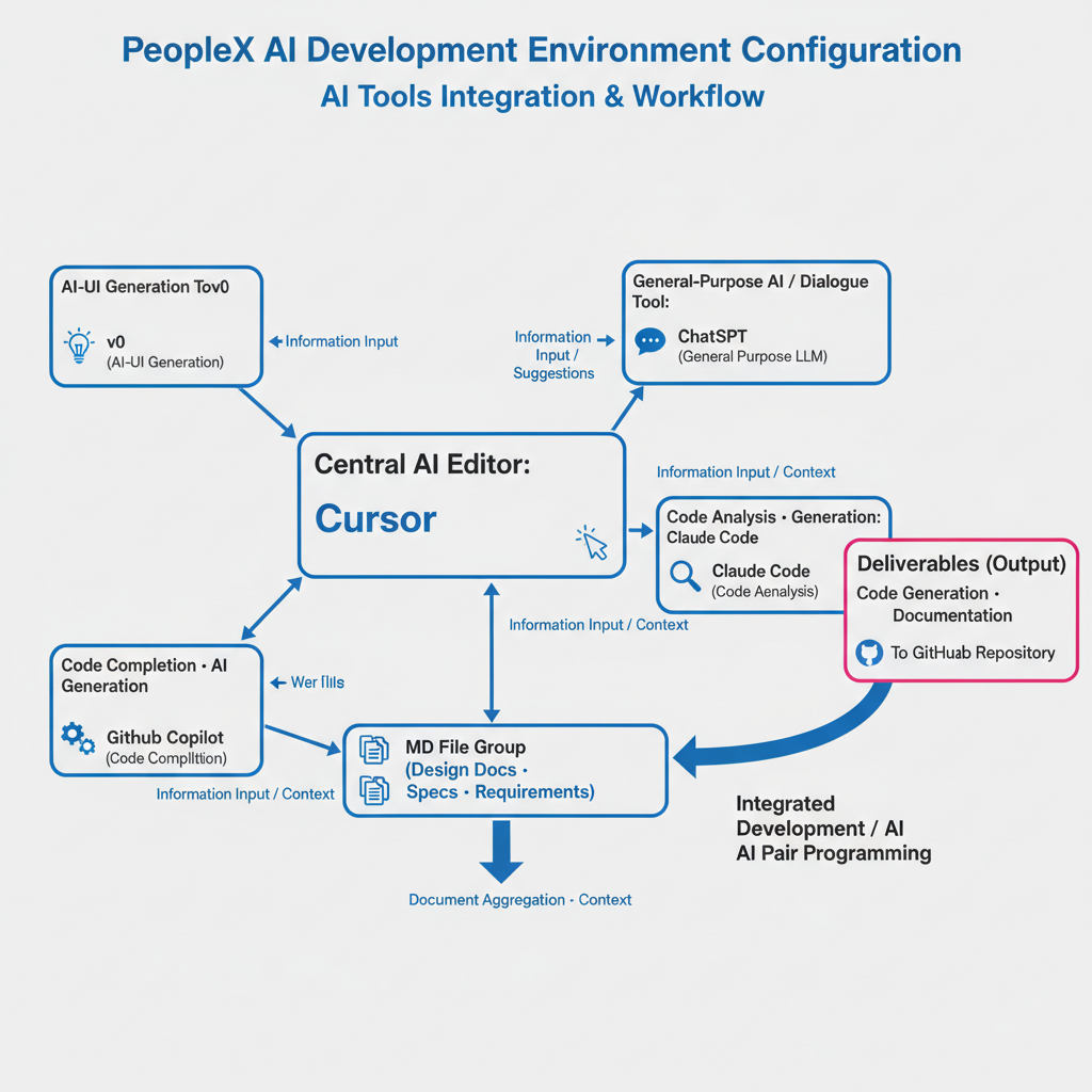 Architecture diagram of PeopleX's AI development environment. Cursor editor at center, surrounded by v0, ChatGPT, GitHub Copilot, and Claude Code. MD files feed context across projects.