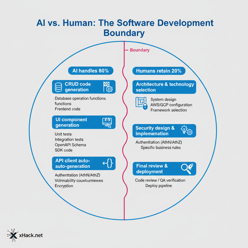 Boundary diagram showing the 80% AI owns (CRUD, UI generation, tests, API clients) vs. the 20% humans retain (architecture, security, business logic, final review).